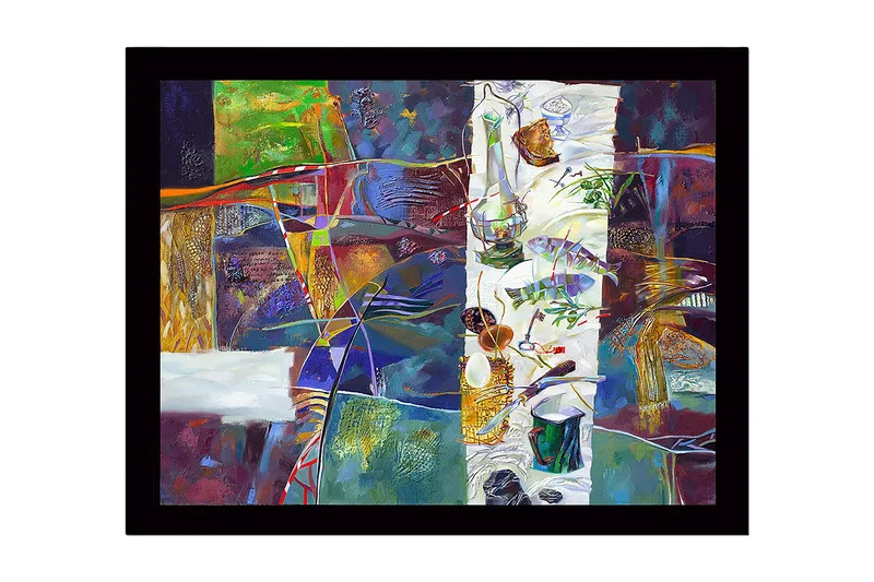 Indrammet lærred i træ - 41x56 cm - Abstrakt stilleben med mad og køkkenredskaber, Grøn / Lilla / Guld