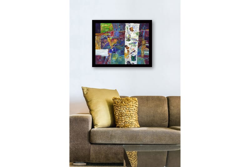 Indrammet lærred i træ - 41x56 cm - Abstrakt stilleben med mad og køkkenredskaber - Grøn / Lilla / Guld - Boligtilbehør - Billeder & kunst