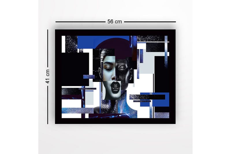 Indrammet lærred i træ - 41x56 cm - Abstrakt portræt af en kvinde med geometriske former og stærke kontraster - Mørkeblå / Sort / Hvid - Boligtilbehør - Billeder & kunst