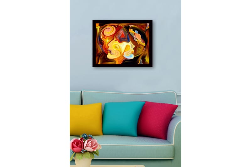 Indrammet lærred i træ - 41x56 cm - Abstrakt portræt af to ansigter med kosmiske elementer - Guld / Orange / Brun - Boligtilbehør - Billeder & kunst