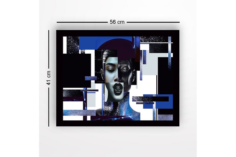Indrammet lærred i træ - 41x56 cm - Abstrakt portræt af en kvinde med geometriske former og stærke kontraster - Mørkeblå / Sort / Hvid - Boligtilbehør - Billeder & kunst