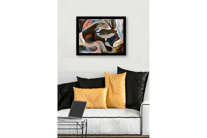 Indrammet lærred i træ - 41x56 cm - Abstrakt portræt med en sommerfugl i fokus - Mørkebrun / Beige / Turkis - Boligtilbehør - Billeder & kunst