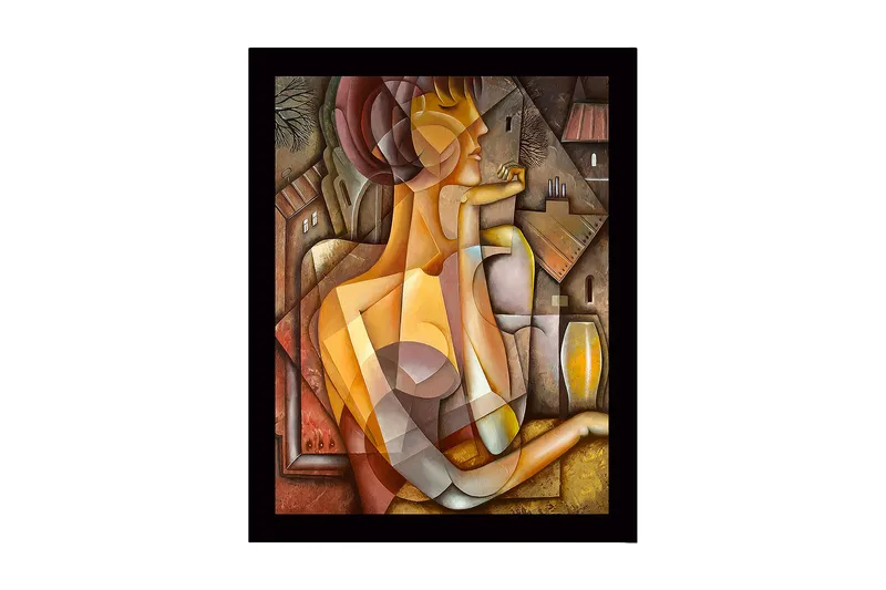 Indrammet lærred i træ - 41x56 cm - Abstrakt portræt af en kvinde med geometriske former, Guld / Brun / Beige
