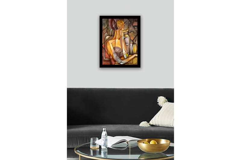 Indrammet lærred i træ - 41x56 cm - Abstrakt portræt af en kvinde med geometriske former - Guld / Brun / Beige - Boligtilbehør - Billeder & kunst