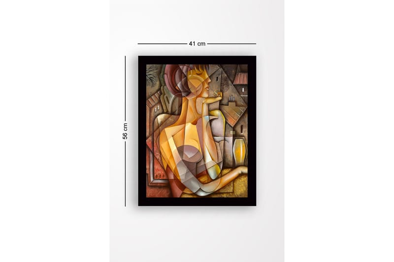Indrammet lærred i træ - 41x56 cm - Abstrakt portræt af en kvinde med geometriske former - Guld / Brun / Beige - Boligtilbehør - Billeder & kunst