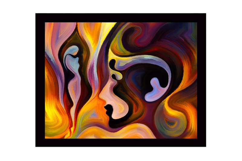 Indrammet lærred i træ - 41x56 cm - Abstrakt portræt af ansigter i flydende former, Guld / Mørkerød / Lilla