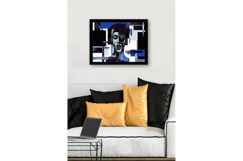 Indrammet lærred i træ - 41x56 cm - Abstrakt portræt af en kvinde med geometriske former og stærke kontraster - Mørkeblå / Sort / Hvid - Boligtilbehør - Billeder & kunst