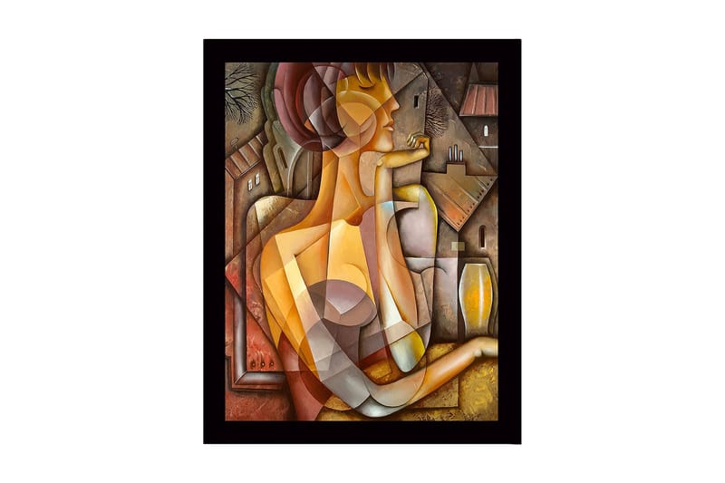 Indrammet lærred i træ - 41x56 cm - Abstrakt portræt af en kvinde med geometriske former, Guld / Brun / Beige