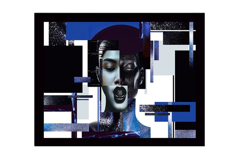 Indrammet lærred i træ - 41x56 cm - Abstrakt portræt af en kvinde med geometriske former og stærke kontraster, Mørkeblå / Sort / Hvid