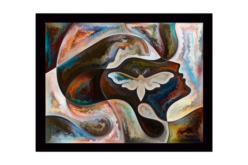 Indrammet lærred i træ - 41x56 cm - Abstrakt portræt med en sommerfugl i fokus, Mørkebrun / Beige / Turkis