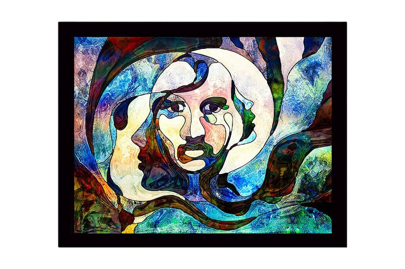 Indrammet lærred i træ - 41x56 cm - Abstrakt portræt med ansigter der smelter sammen, Blå / Grøn / Rød