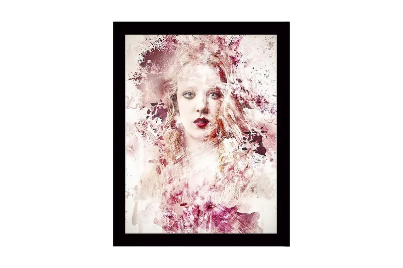 Indrammet lærred i træ - 41x56 cm - Abstrakt portræt af en kvinde med bløde farveovergange, Lyserød / Beige / Bordeaux