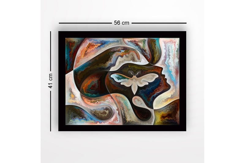 Indrammet lærred i træ - 41x56 cm - Abstrakt portræt med en sommerfugl i fokus - Mørkebrun / Beige / Turkis - Boligtilbehør - Billeder & kunst
