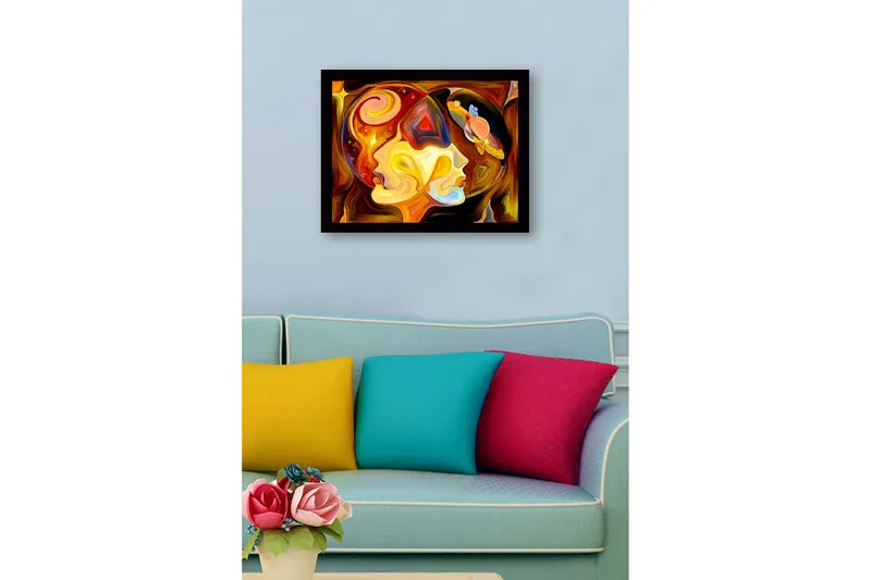 Indrammet lærred i træ - 41x56 cm - Abstrakt portræt af to ansigter med kosmiske elementer - Guld / Orange / Brun - Boligtilbehør - Billeder & kunst