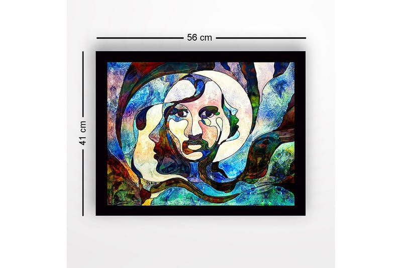 Indrammet lærred i træ - 41x56 cm - Abstrakt portræt med ansigter der smelter sammen - Blå / Grøn / Rød - Boligtilbehør - Billeder & kunst