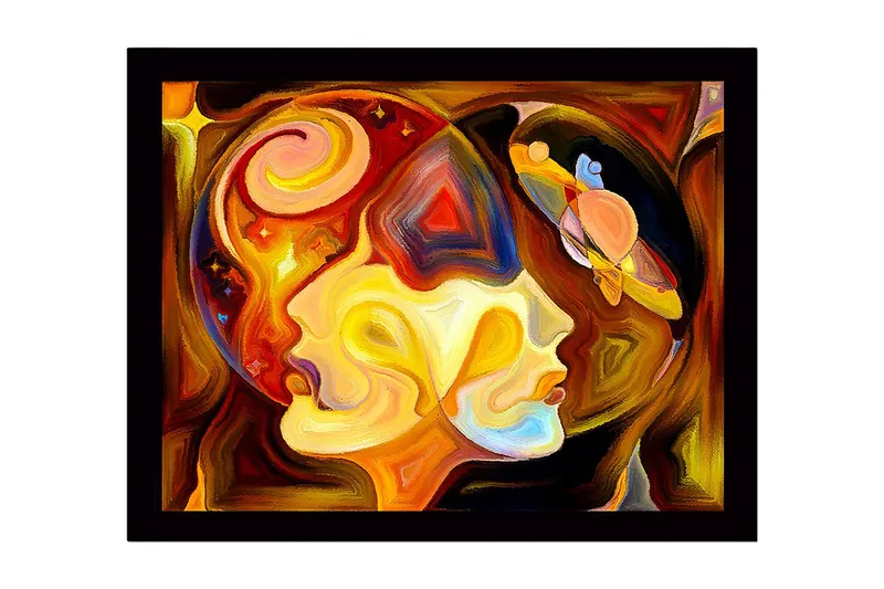 Indrammet lærred i træ - 41x56 cm - Abstrakt portræt af to ansigter med kosmiske elementer, Guld / Orange / Brun