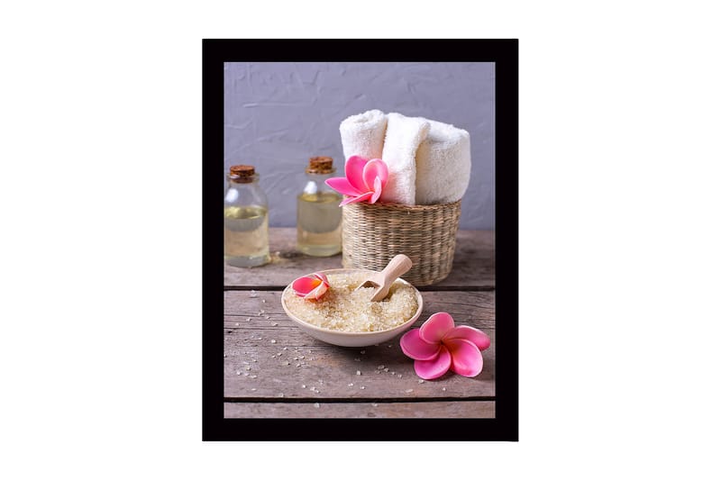 Indrammet lærred i træ - 41x56 cm - Afslappende spa-arrangement med blomster og skønhedsprodukter - Lyserød / Beige / Grøn - Boligtilbehør - Billeder & kunst