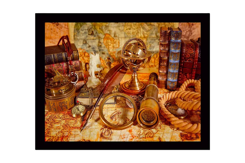 Indrammet lærred i træ - 41x56 cm - Antik samling af navigationsværktøjer og bøger, Guld / Brun / Beige