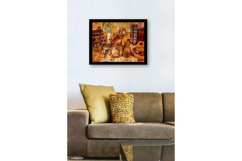 Indrammet lærred i træ - 41x56 cm - Antik samling af navigationsværktøjer og bøger - Guld / Brun / Beige - Boligtilbehør - Billeder & kunst