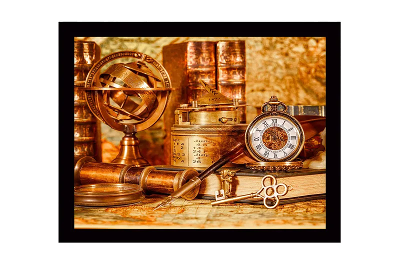 Indrammet lærred i træ - 41x56 cm - Antik samling af navigationsværktøjer og ure, Kobber / Guld / Brun