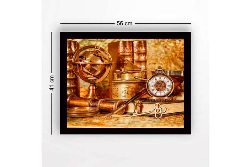 Indrammet lærred i træ - 41x56 cm - Antik samling af navigationsværktøjer og ure - Kobber / Guld / Brun - Boligtilbehør - Billeder & kunst