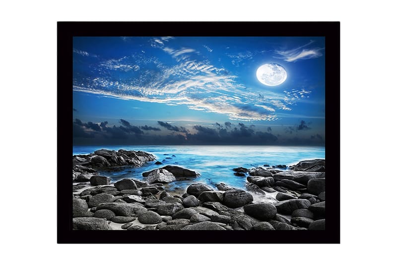 Indrammet lærred i træ - 41x56 cm - Atmosfærisk havlandskab med måne og klipper, Blå / Grå / Hvid