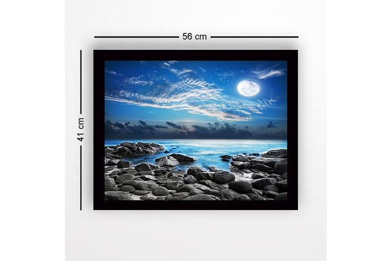Indrammet lærred i træ - 41x56 cm - Atmosfærisk havlandskab med måne og klipper - Blå / Grå / Hvid - Boligtilbehør - Billeder & kunst