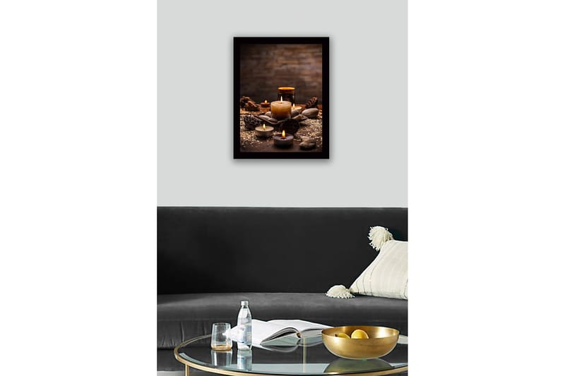Indrammet lærred i træ - 41x56 cm - Atmosfærisk samling af stearinlys og sten - Guld / Brun / Grå - Boligtilbehør - Billeder & kunst