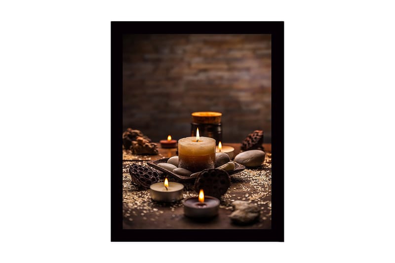 Indrammet lærred i træ - 41x56 cm - Atmosfærisk samling af stearinlys og sten, Guld / Brun / Grå