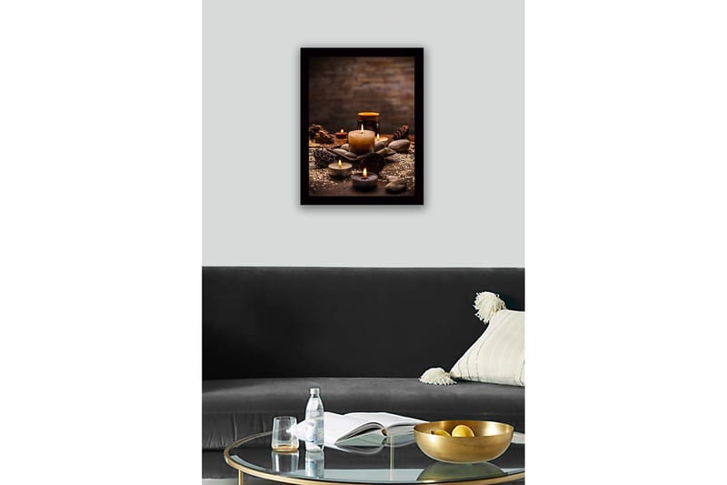 Indrammet lærred i træ - 41x56 cm - Atmosfærisk samling af stearinlys og sten - Guld / Brun / Grå - Boligtilbehør - Billeder & kunst