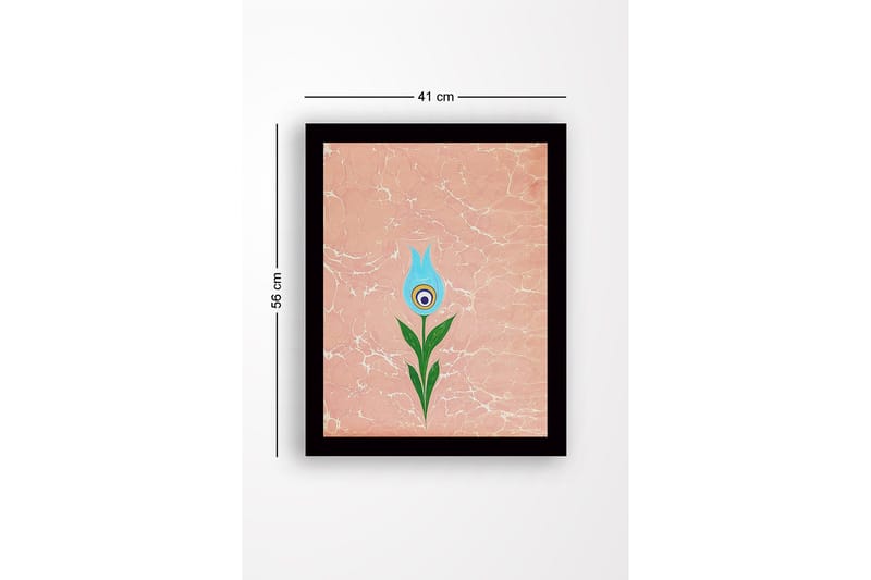 Indrammet lærred i træ - 41x56 cm - Blomst med blå kronblade og grøn stilk - Blå / Grøn / Lyserød - Boligtilbehør - Billeder & kunst