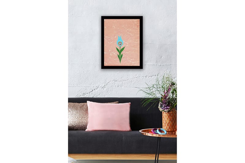 Indrammet lærred i træ - 41x56 cm - Blomst med blå kronblade og grøn stilk - Blå / Grøn / Lyserød - Boligtilbehør - Billeder & kunst
