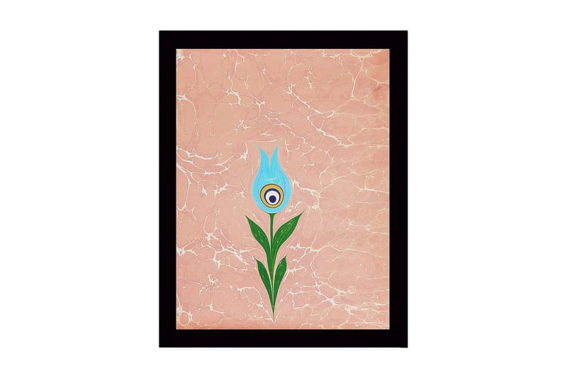 Indrammet lærred i træ - 41x56 cm - Blomst med blå kronblade og grøn stilk, Blå / Grøn / Lyserød