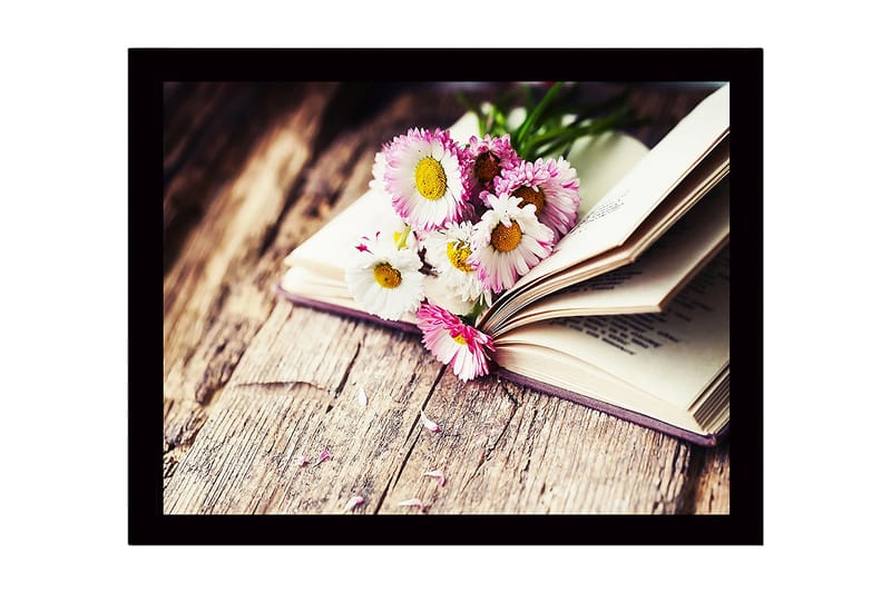 Indrammet lærred i træ - 41x56 cm - Blomster i en åben bog, Lyserød / Hvid / Grøn