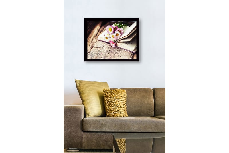 Indrammet lærred i træ - 41x56 cm - Blomster i en åben bog - Lyserød / Hvid / Grøn - Boligtilbehør - Billeder & kunst