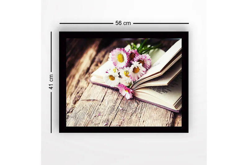 Indrammet lærred i træ - 41x56 cm - Blomster i en åben bog - Lyserød / Hvid / Grøn - Boligtilbehør - Billeder & kunst