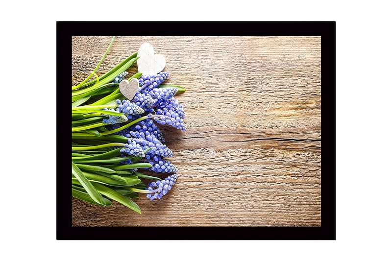 Indrammet lærred i træ - 41x56 cm - Blomsterarrangement med blå hyacinter og grønne blade, Blå / Grøn / Brun