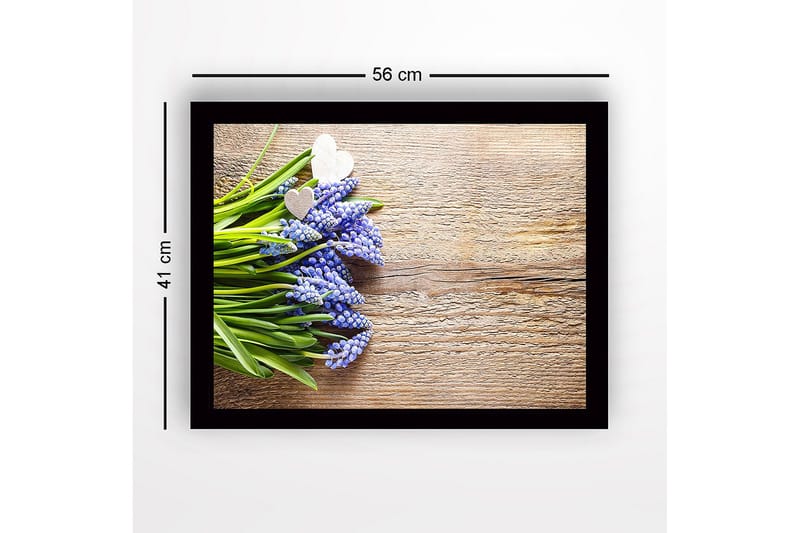 Indrammet lærred i træ - 41x56 cm - Blomsterarrangement med blå hyacinter og grønne blade - Blå / Grøn / Brun - Boligtilbehør - Billeder & kunst