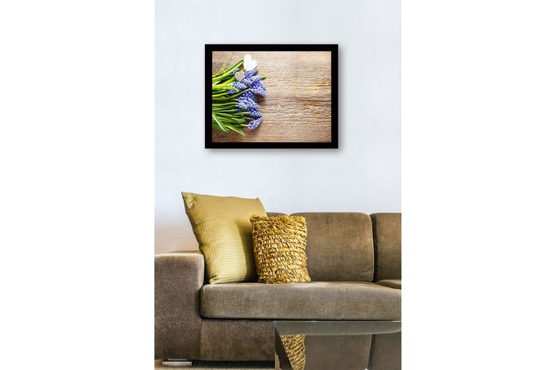 Indrammet lærred i træ - 41x56 cm - Blomsterarrangement med blå hyacinter og grønne blade - Blå / Grøn / Brun - Boligtilbehør - Billeder & kunst