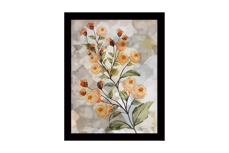 Indrammet lærred i træ - 41x56 cm - Blomsterarrangement med roser i bløde nuancer, Lys orange / Grøn / Beige