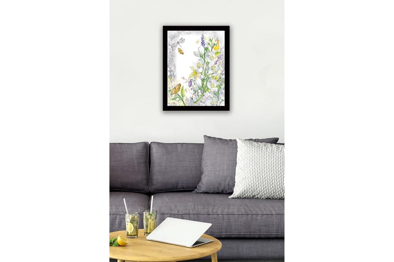 Indrammet lærred i træ - 41x56 cm - Blomsterkomposition med sommerfugle og insekter - Hvid / Gul / Grøn - Boligtilbehør - Billeder & kunst