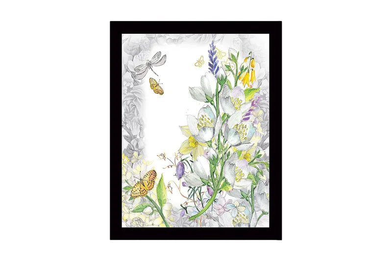 Indrammet lærred i træ - 41x56 cm - Blomsterkomposition med sommerfugle og insekter, Hvid / Gul / Grøn