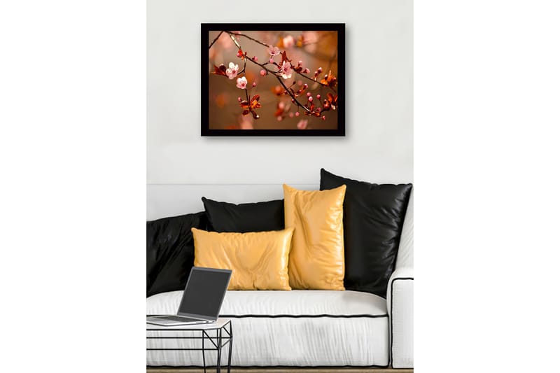 Indrammet lærred i træ - 41x56 cm - Blomstrende kirsebærgrene i bløde nuancer - Lyserød / Brun / Grøn - Boligtilbehør - Billeder & kunst