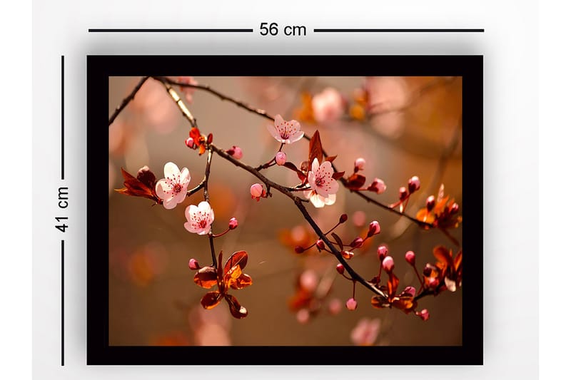 Indrammet lærred i træ - 41x56 cm - Blomstrende kirsebærgrene i bløde nuancer - Lyserød / Brun / Grøn - Boligtilbehør - Billeder & kunst