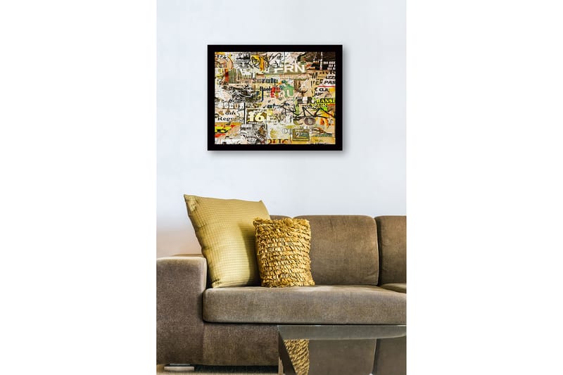 Indrammet lærred i træ - 41x56 cm - Collage af plakater og typografi i forskellige stilarter - Gul / Grøn / Brun - Boligtilbehør - Billeder & kunst