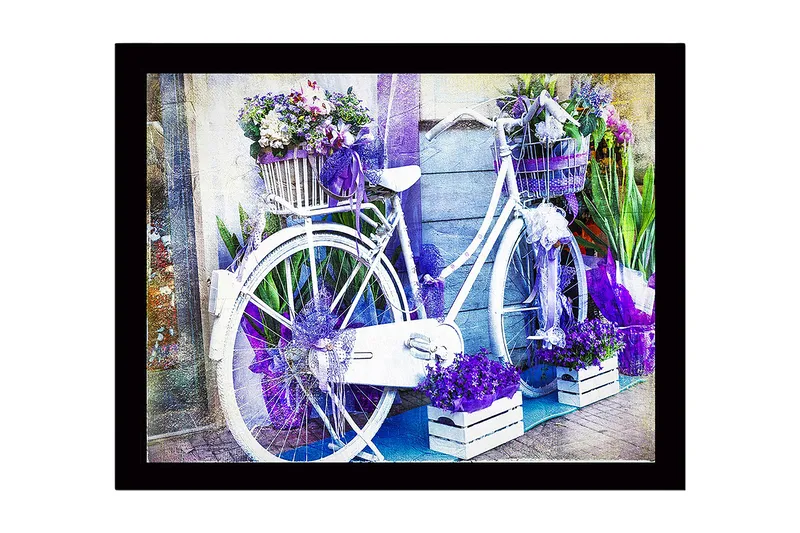 Indrammet lærred i træ - 41x56 cm - Cykel dekoreret med blomster og kurve, Lilla / Hvid / Grøn