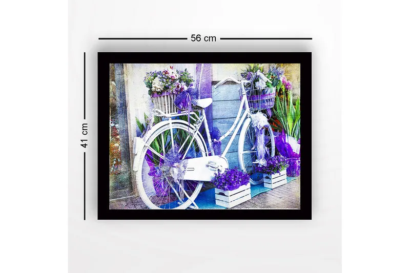 Indrammet lærred i træ - 41x56 cm - Cykel dekoreret med blomster og kurve - Lilla / Hvid / Grøn - Boligtilbehør - Billeder & kunst