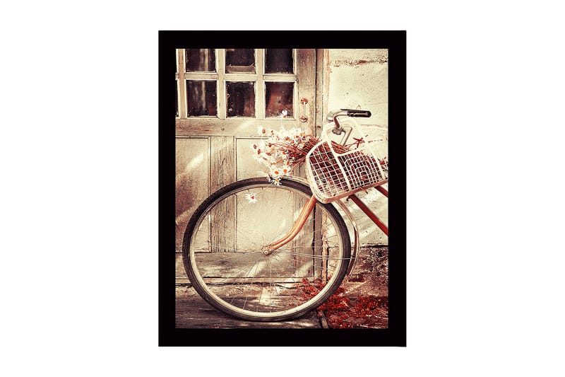 Indrammet lærred i træ - 41x56 cm - Cykel med kurv fyldt med blomster ved en gammel dør, Beige / Rustbrun / Hvid