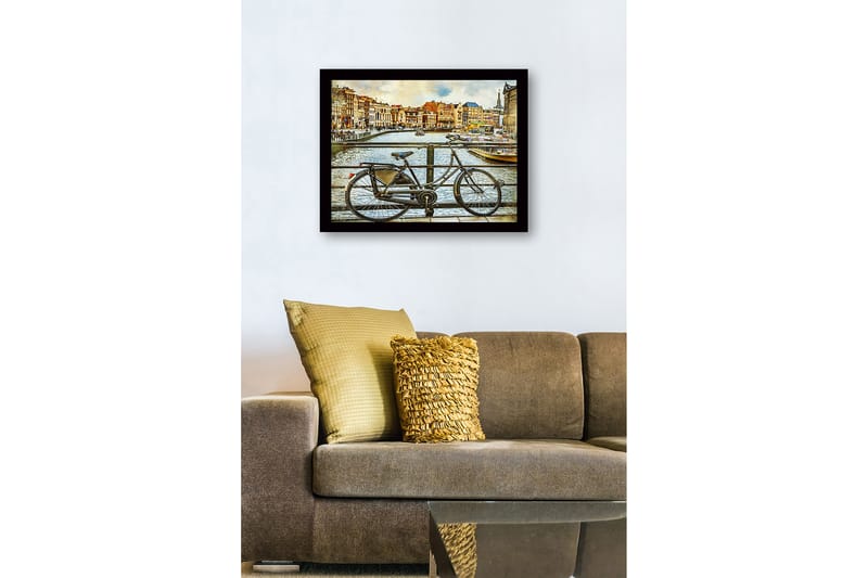 Indrammet lærred i træ - 41x56 cm - Cykel ved en kanal i et bymiljø - Sort / Brun / Blå - Boligtilbehør - Billeder & kunst