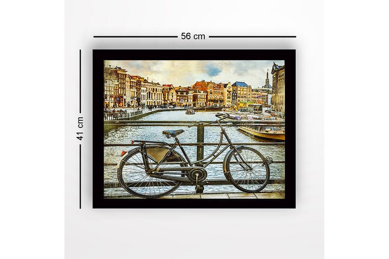 Indrammet lærred i træ - 41x56 cm - Cykel ved en kanal i et bymiljø - Sort / Brun / Blå - Boligtilbehør - Billeder & kunst